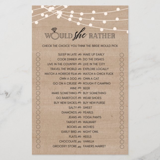 Rustic would she rather bridal shower game  (Front)
