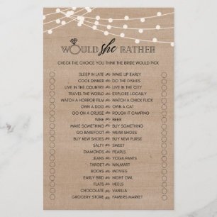 Rustic would she rather bridal shower game flyer