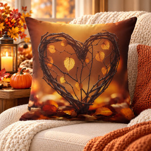 Rustic Woven Twig Heart & Autumn Leaves Throw Pillow