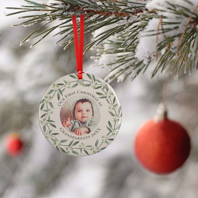 Rustic Wreath 1st Christmas as Grandparent 2 Photo Ceramic Ornament (Creator Uploaded)