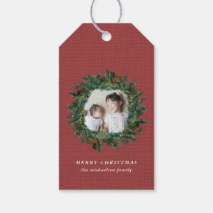 Rustic Wreath and Red Faux Burlap Photo Christmas Gift Tags