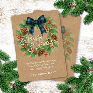 Rustic Wreath Blue Black Chequered Bow Gold Foil Holiday Card