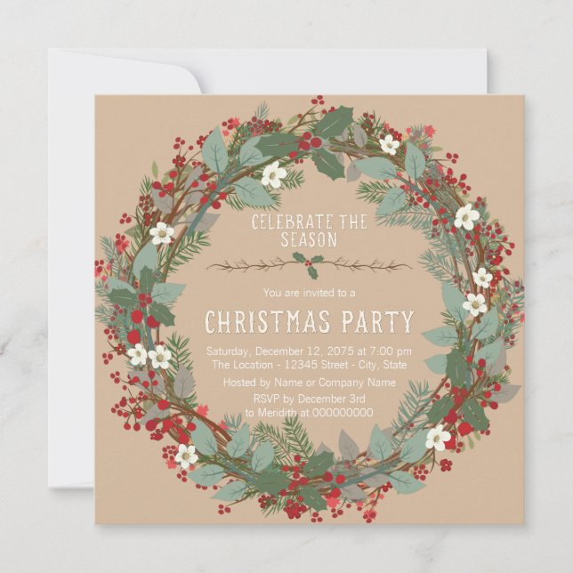 Rustic Wreath Christmas Party Invitation (Front)