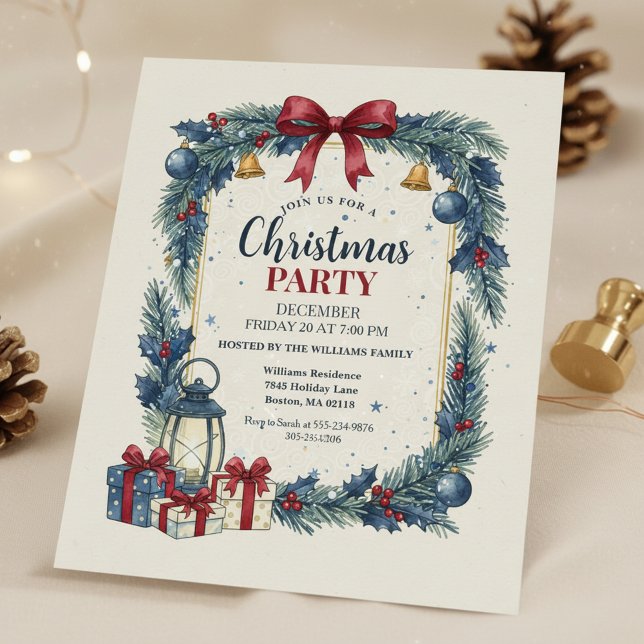 Rustic Wreath Christmas Party Invitation Blue (Christmas Party Invitation)