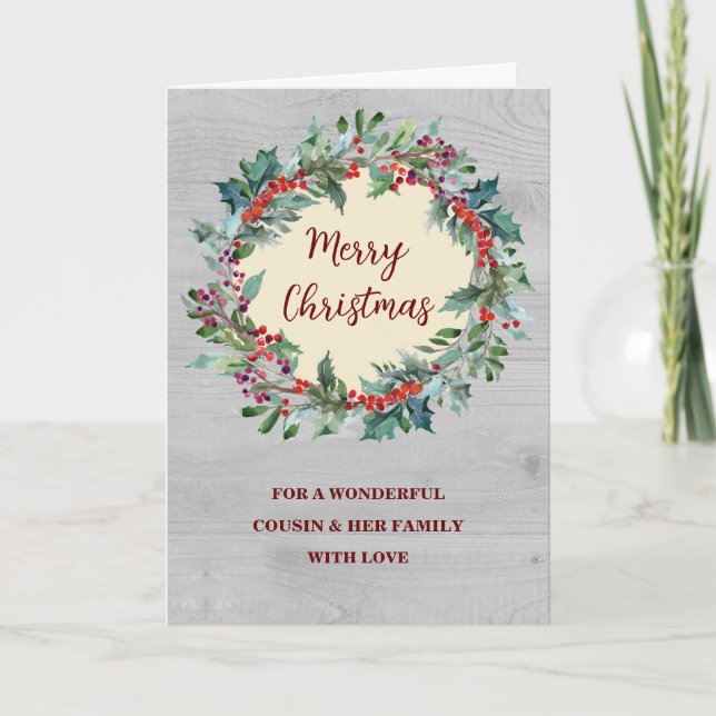 Rustic Wreath Cousin & Family Merry Christmas Card (Front)