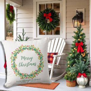 Rustic wreath family name Merry Christmas Outdoor Pillow