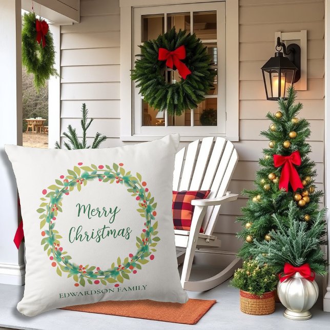 Rustic wreath family name Merry Christmas Outdoor Pillow (Rustic wreath family name Merry Christmas Outdoor Pillow. Christmas porch decor.)