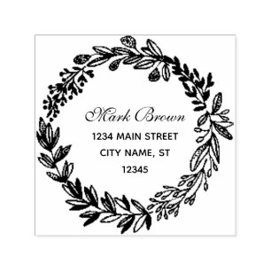Rustic Wreath Family Name Return Address Self-inking Stamp