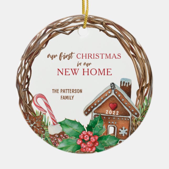 Rustic Wreath First Christmas In Our New Home Ceramic Ornament (Front)