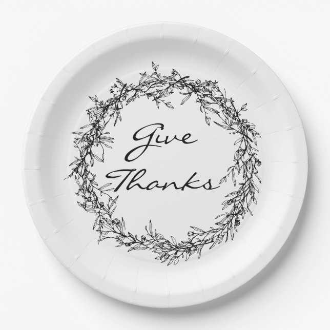 Rustic Wreath Give Thanks Thanksgiving Paper Plate (Front)