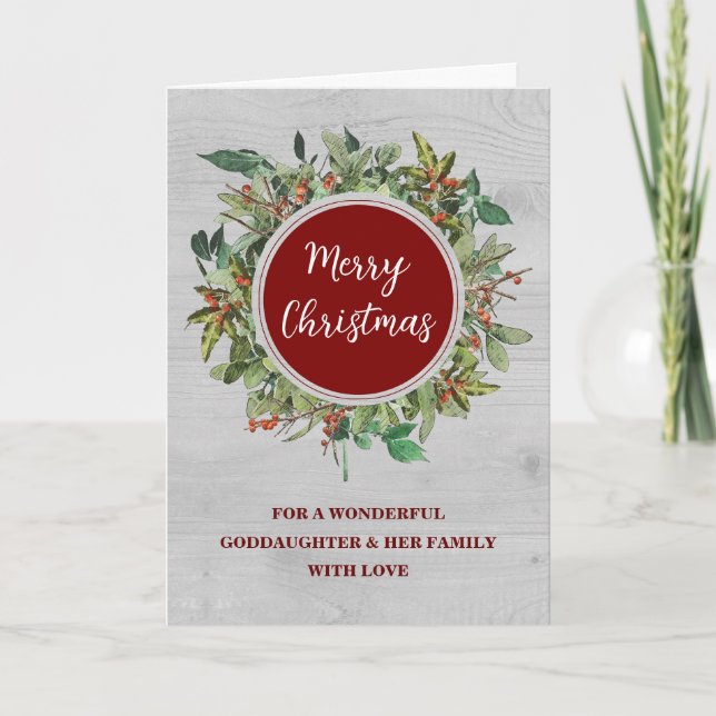 Rustic Wreath Goddaughter & Family Merry Christmas Card (Front)