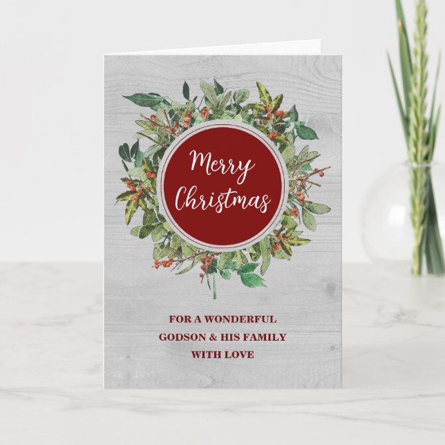 Rustic Wreath Godson & Family Merry Christmas Card (Front)