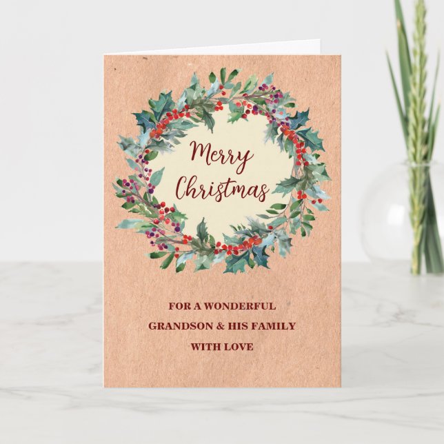 Rustic Wreath Grandson & Family Merry Christmas Card (Front)