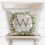 Rustic Wreath Green Monogram Wedding Keepsake Throw Pillow<br><div class="desc">Personalized wedding keepsake. This elegant, rustic digital linen design pillow features a beige linen texture background with a beautiful watercolor greenery and cotton boll wreath that frame the classic green monogram initial. The couple's first names are written over the monogram initial in a beautiful calligraphy script, with the wedding date...</div>