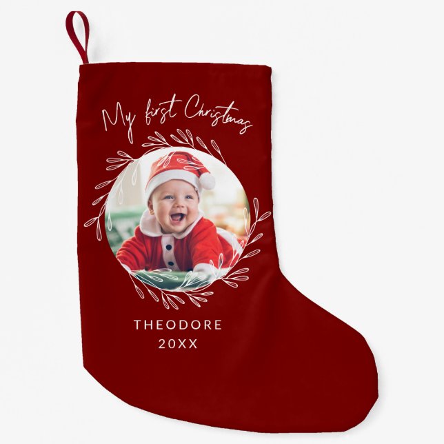 Rustic Wreath Leaf My first Christmas Baby Photo  Small Christmas Stocking (Front)