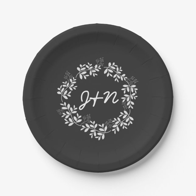 Rustic Wreath Leaves Modern Grey Wedding Plates (Front)