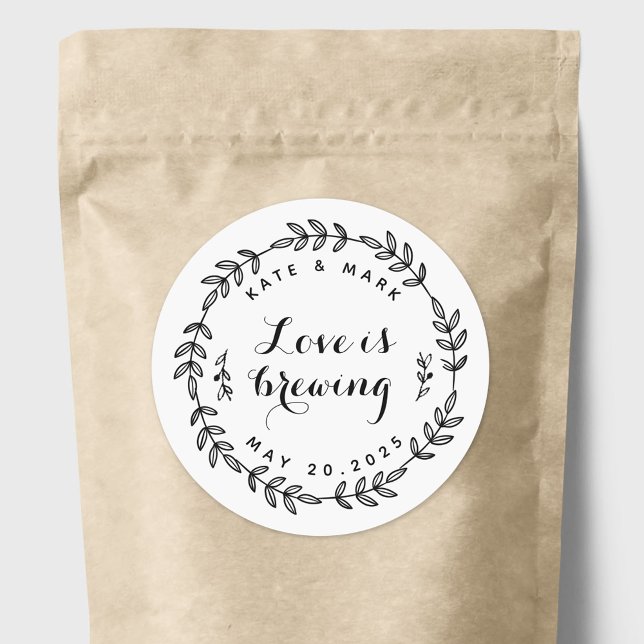 Rustic Wreath Love is Brewing Wedding Coffee Favor Classic Round Sticker (Creator Uploaded)
