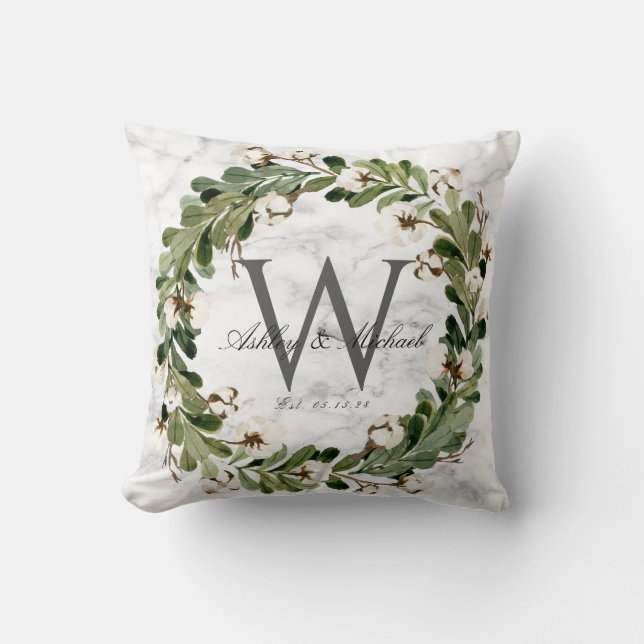 Rustic Wreath Marble Monogram Wedding Keepsake Throw Pillow (Front)