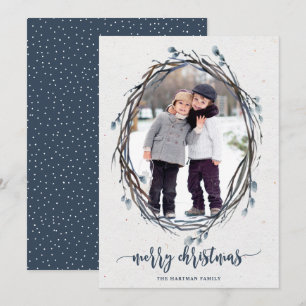 Rustic Wreath Merry Christmas Photo Navy Holiday Card