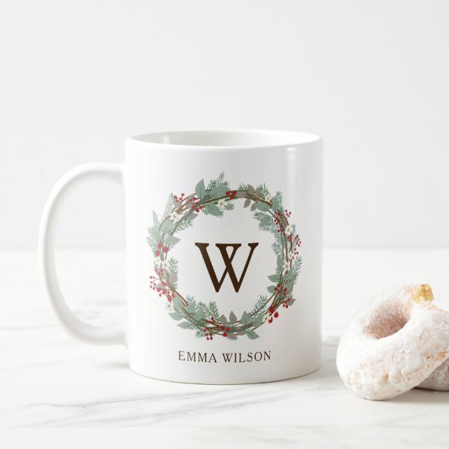 Rustic Wreath Monogram Coffee Mug (With Donut)