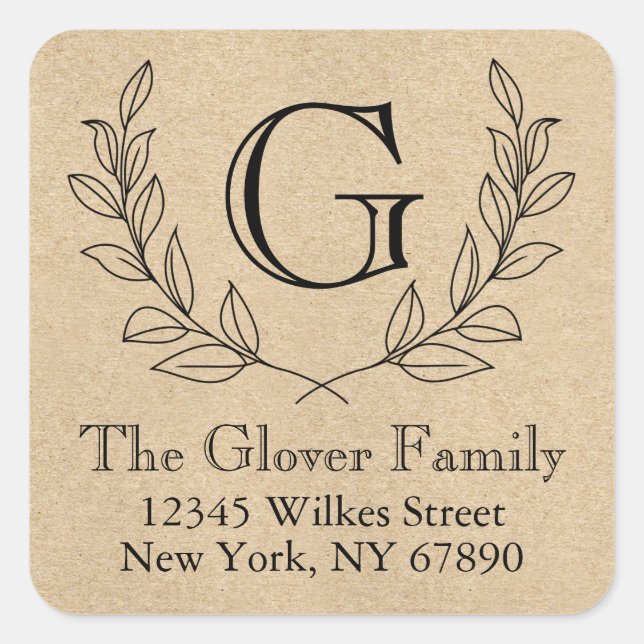 Rustic Wreath Monogram Kraft Paper Style Address Square Sticker (Front)