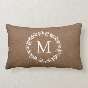 Rustic Wreath Monogram Modern Farmhouse Lumbar Pillow