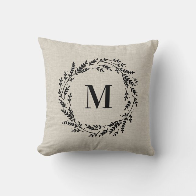 Rustic Wreath Monogram Throw Pillow (Front)
