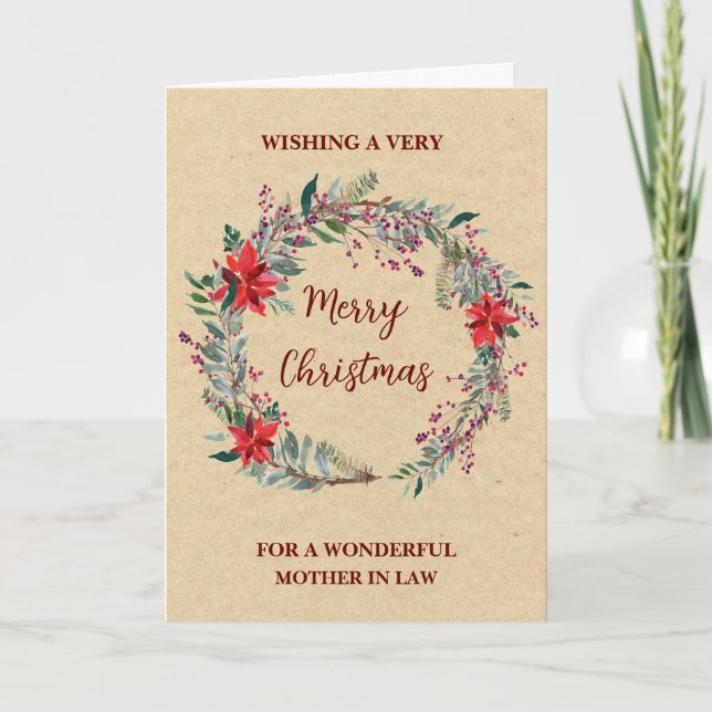 Rustic Wreath Mother In Law Merry Christmas Card (Front)