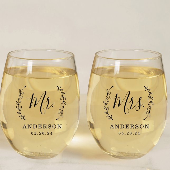 Rustic Wreath Mr. and Mrs. Newlywed Gift Stemless Wine Glass (Creator Uploaded)