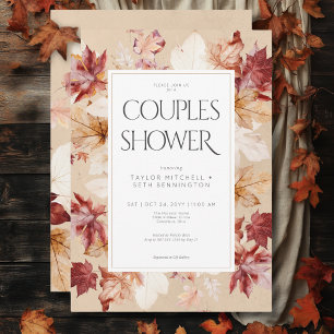 Rustic Wreath of Fall Leaves Tan Couples Shower Invitation