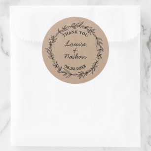 Rustic wreath on kraft wedding favour sticker