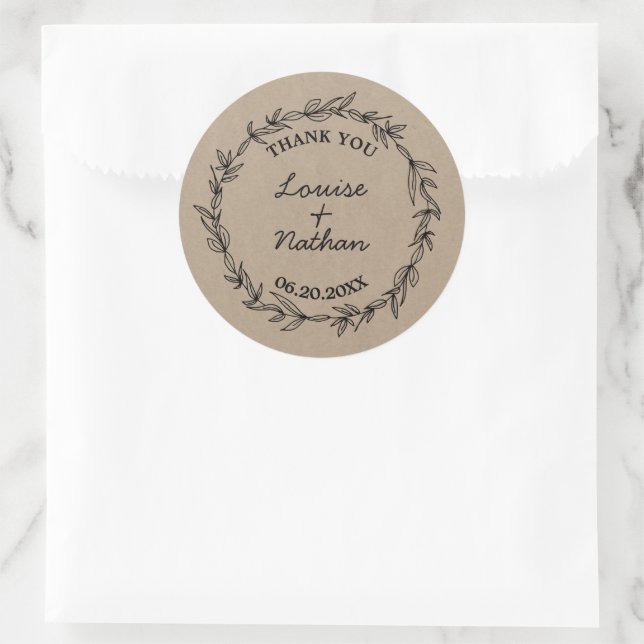 Rustic wreath on kraft wedding favour sticker (Bag)