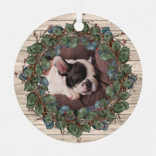 Rustic Wreath on Wood Pet Photo Metal Ornament