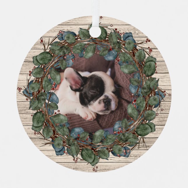 Rustic Wreath on Wood Pet Photo Metal Ornament (Front)