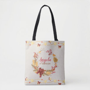 Rustic Wreath Personalized Christmas Xmas Tote Bag