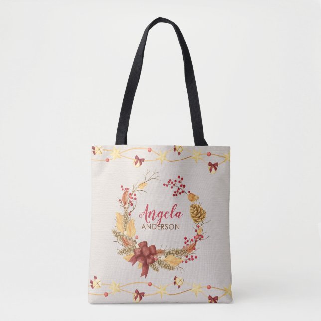Rustic Wreath Personalized Christmas Xmas Tote Bag (Front)
