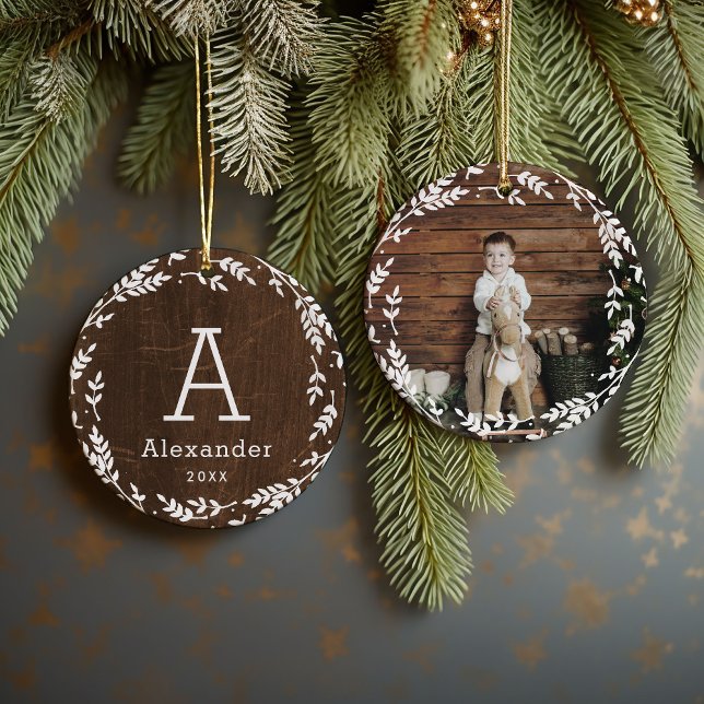 Rustic Wreath Photo and Monogram Keepsake Ceramic Ornament (Creator Uploaded)