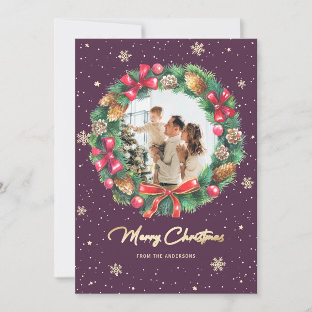 Rustic Wreath Purple Gold Photo Christmas Holiday Card (Front)