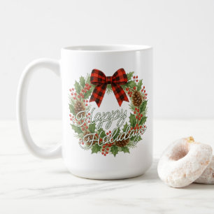 Rustic Wreath Red Black Checkered Bow Holiday Coffee Mug