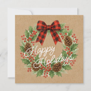 Rustic Wreath Red Black Chequered Bow Holiday Card