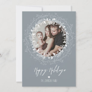 Rustic Wreath & Silver Brush Script Holiday Photo Card