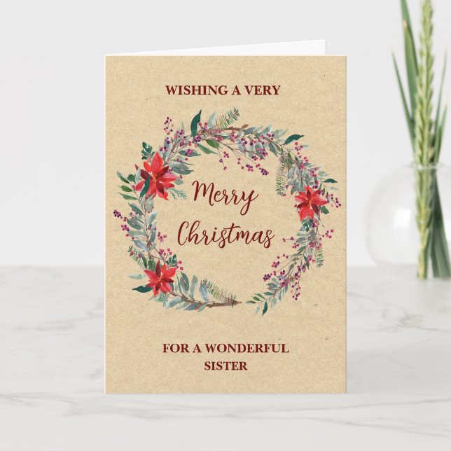 Rustic Wreath Sister Merry Christmas Card (Front)
