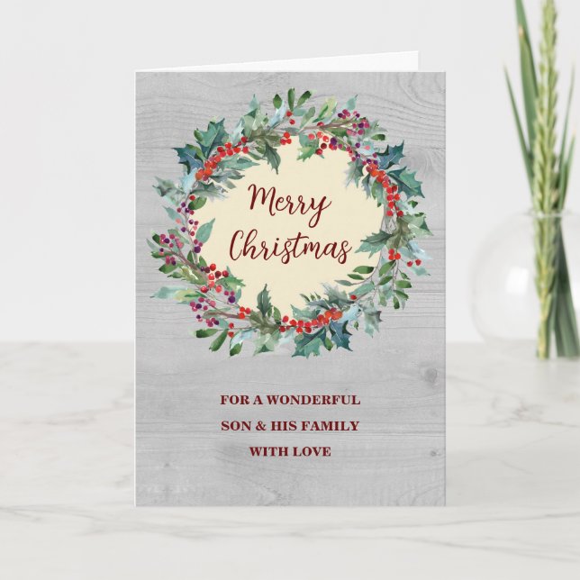 Rustic Wreath Son & Family Merry Christmas Card (Front)
