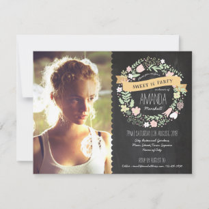 Rustic Wreath Sweet 16 Chalkboard Photo Birthday Invitation