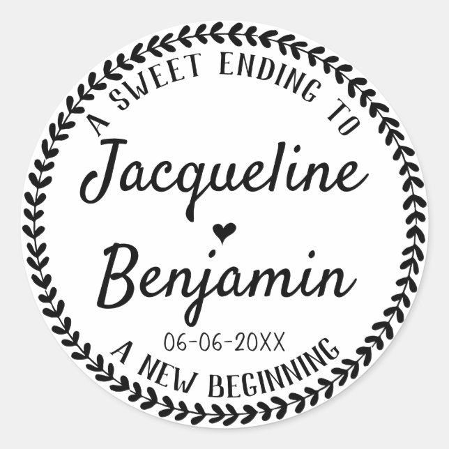 Rustic Wreath Sweet Ending New Beginning Wedding Classic Round Sticker (Front)