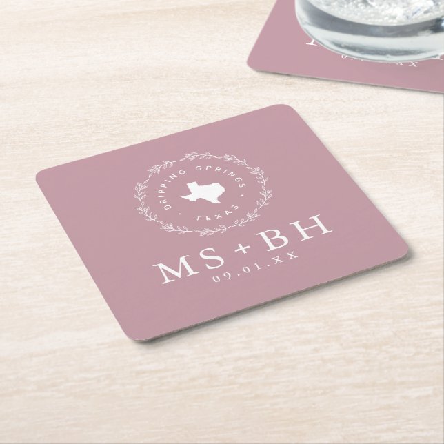 Rustic Wreath Texas Wedding Monogram | Mauve Square Paper Coaster (Angled)