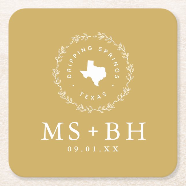 Rustic Wreath Texas Wedding Monogram | Mustard Square Paper Coaster (Front)