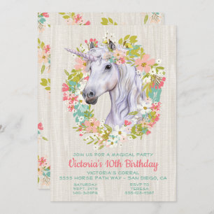 Rustic Wreath Unicorn Birthday Party Invitation