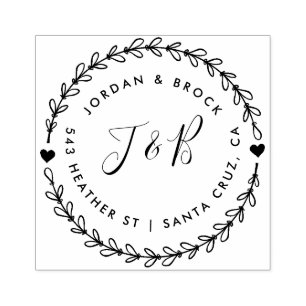 Rustic Wreath Wedding Initials Return Address Rubber Stamp