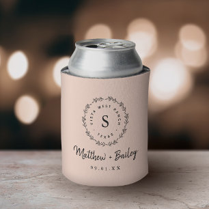 Rustic Wreath Wedding Monogram   Blush Can Cooler